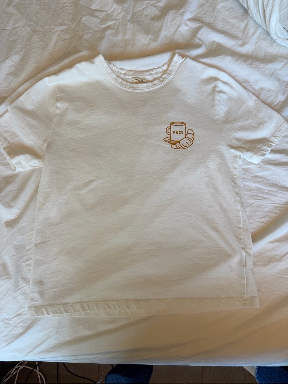 P&C White Short Sleeve Tee with Coffee & Croissant Chest Graphic
